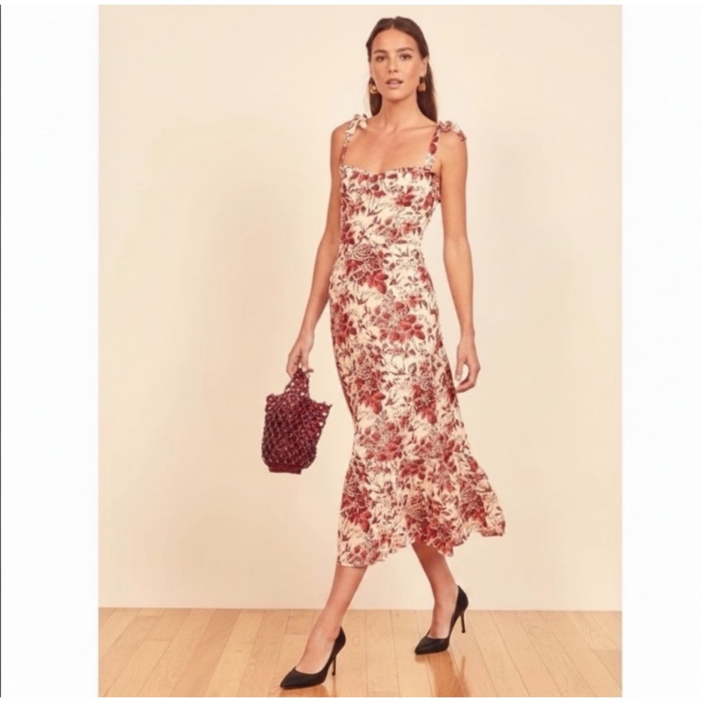 Reformation | Nikita Midi Dress Plus Size 18 Red Toile De Jouy Floral Trumpet